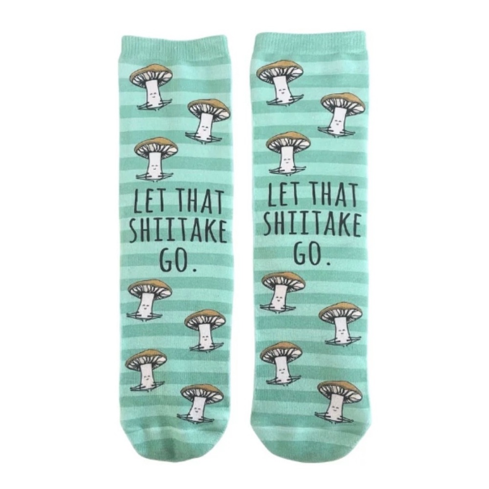 Let That Shitake Go Socks Mushroom Novelty Unisex‎ Pun Green Stripe One Size NWT